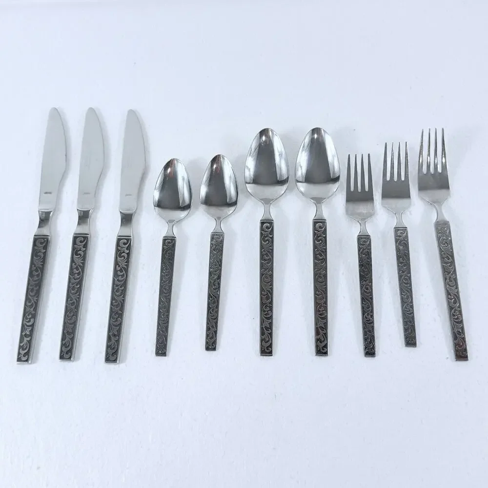 VTG Riviera Rose Stainless Flatware Japan LOT 9 Pc Black Textured Floral MCM